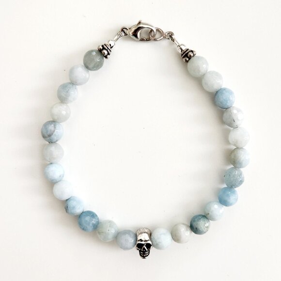 AQUAMARINE GEMSTONE BRACELET W/ 925 SILVER SKULL BEAD - Picture 2 of 3